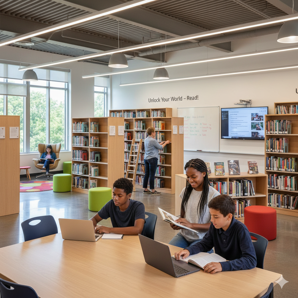 Students studying together in the GEMS International School Zanzibar library